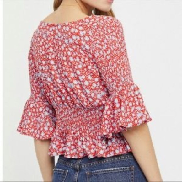 Free People A Bit Of Something Sweet Blouse Smocked Floral Peasant Boho Top XS - Picture 2 of 8